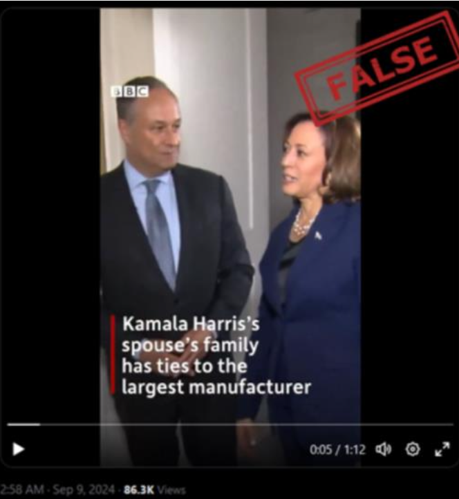 A still image from one of Storm-1679's videos advancing false claims about Harris.