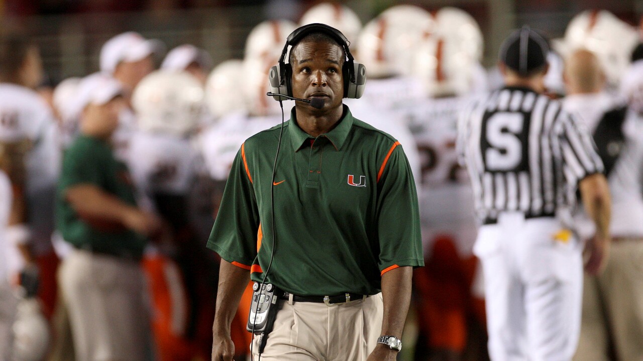 Miami Hurricanes head coach Randy Shannon roams sideline vs. Florida State Seminoles in 2009