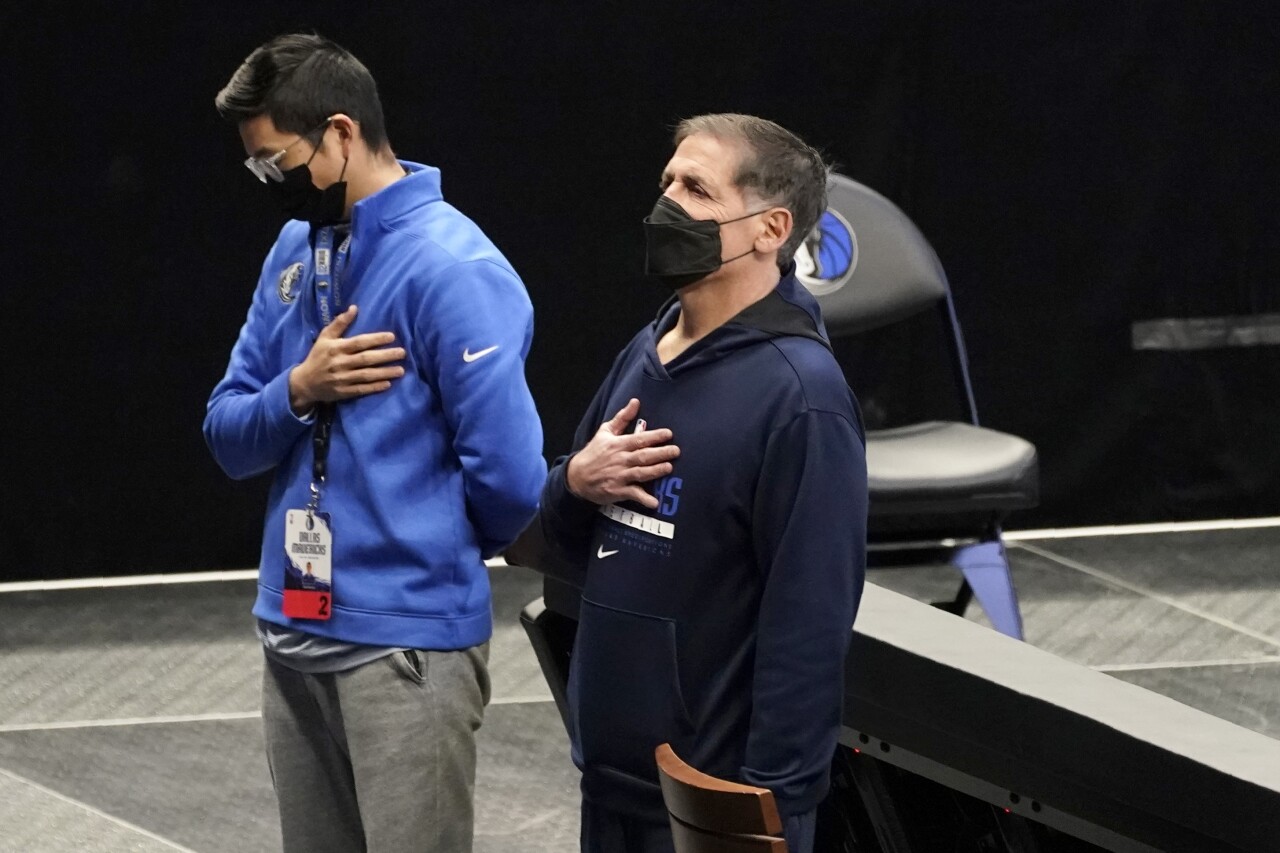 Dallas Mavericks owner Mark Cuban stands during national anthem in February 2021