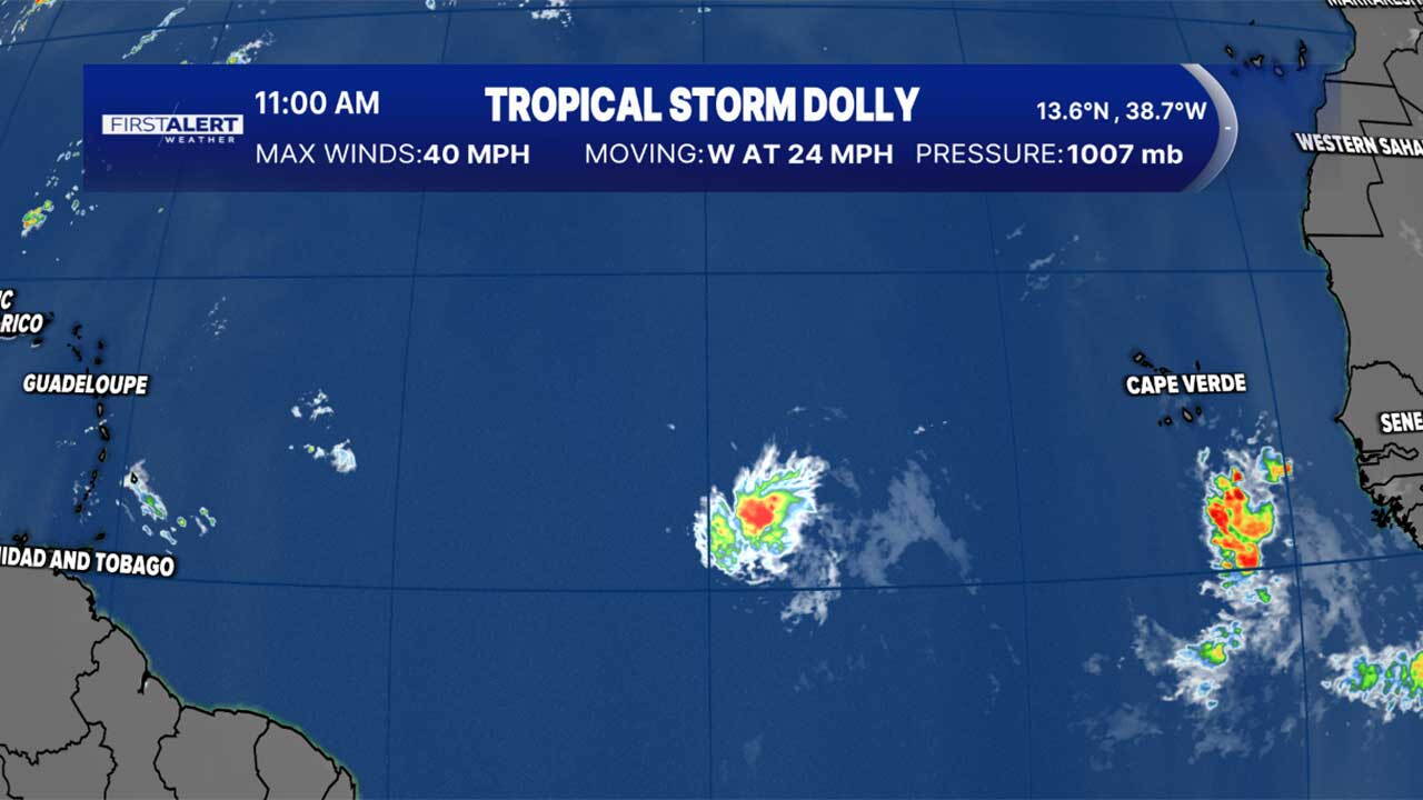 Tropical Storm Dolly, the fourth named storm of the Atlantic hurricane season, formed on Aug. 27, 2026, in the central Atlantic Ocean.