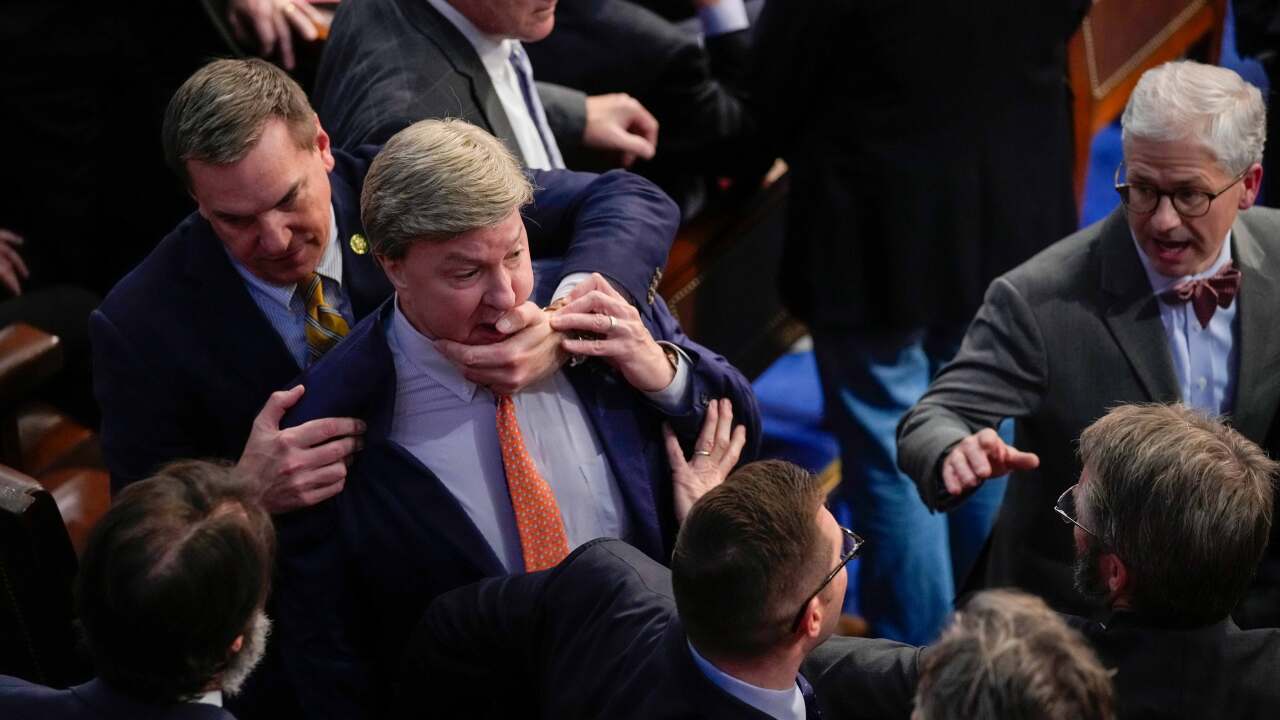 Rep. Richard Hudson, R-N.C., left, pulls Rep. Mike Rogers, R-Ala., back as they talk with Rep. Matt Gaetz, R-Fla., and others during the 14th round of voting for speaker as the House meets for the fourth day to try and elect a speaker and convene the 118th Congress in Washington, Friday, Jan. 6, 2023. At right is Rep. Patrick McHenry, R-N.C.