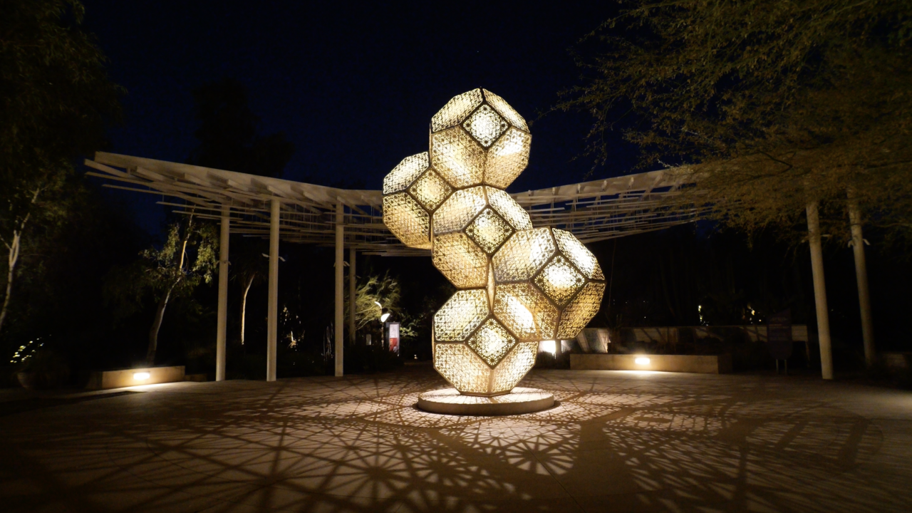 This large sculpture is made of hexagons. “It’s really a particular pattern because they're three-dimensional, but they can keep repeating infinitely. So, much like a honeycomb, these shapes will continue nestling into each other, and that's the inspiration behind this piece,” said Spalding Best.