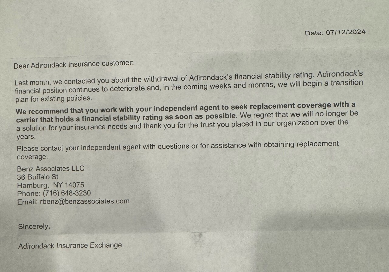 Letter from Adirondack Insurance Exchange