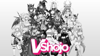 An image showing the VShojo logo and the numerous VTubers that were, until recently, contracted with the company. The logo remains in Pink and White, while the rest of the image is desaturated.