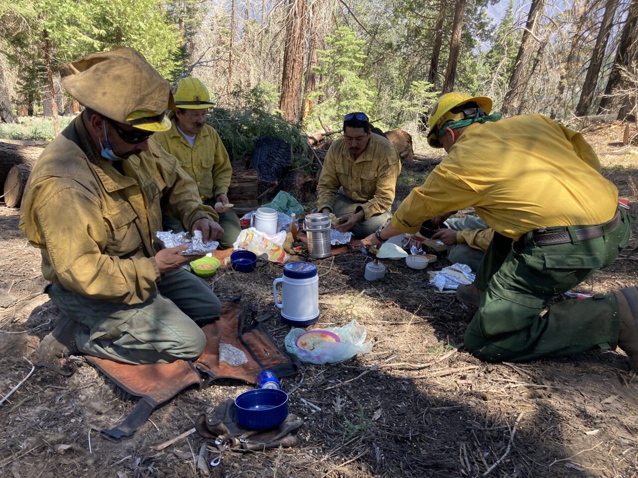 Sequoia firefighters stop for a meal in the groves