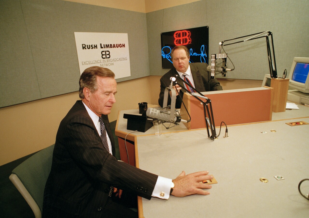 President George Bush on set of Rush Limbaugh's radio show in 1992