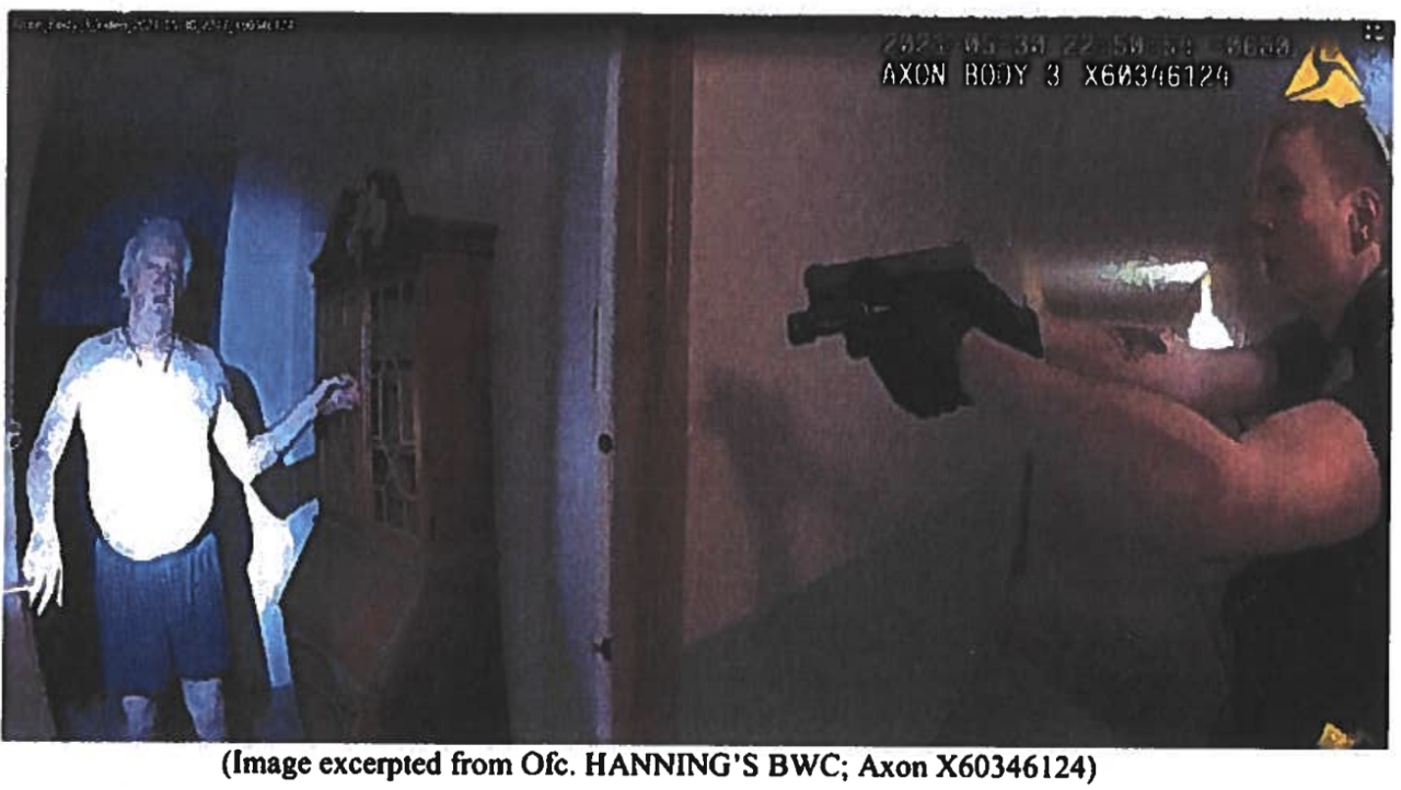 Nicholas Hanning assault charge_body camera_gun pointed at Clark