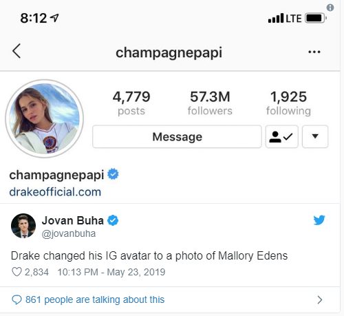 Drake Instagram page with Mallory Edens