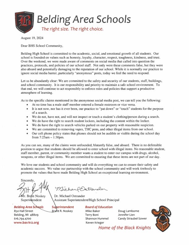 Belding Schools parent letter