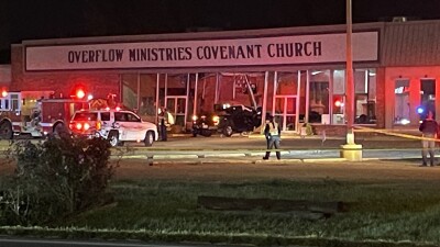 pick up truck into church