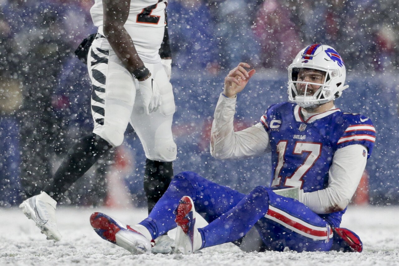 Buffalo Bills QB Josh Allen on ground vs. Cincinnati Bengals in AFC divisional playoff game, Jan. 22, 2023