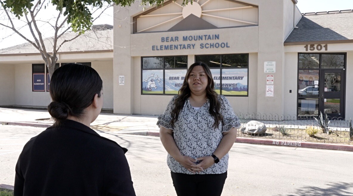 Neighborhood News Reporter Priscilla Lara interviewing Lesly Gonzalez SSW at Bear Mountain Elementary School.