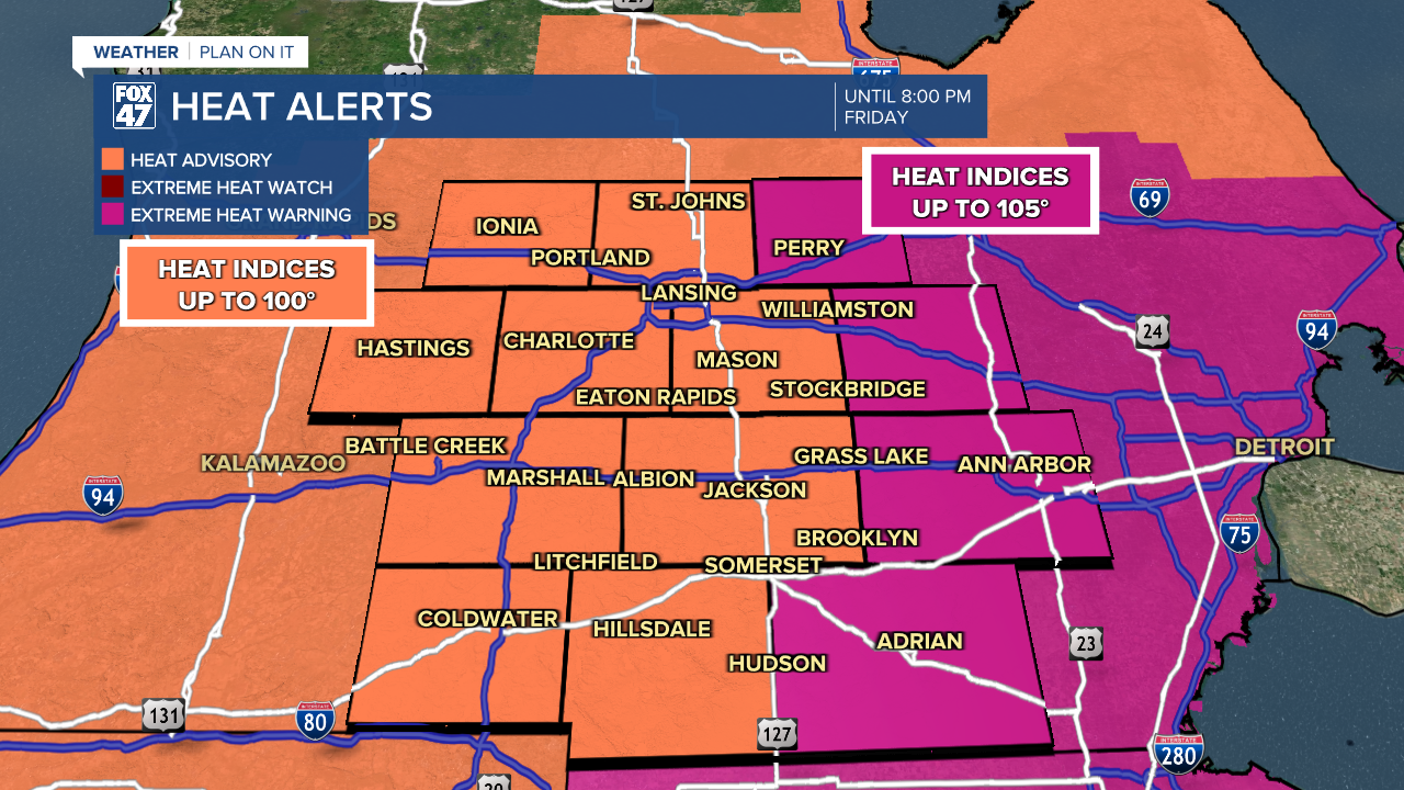 Heat Advisory and Extreme Heat Warning in effect through 8 PM Friday night