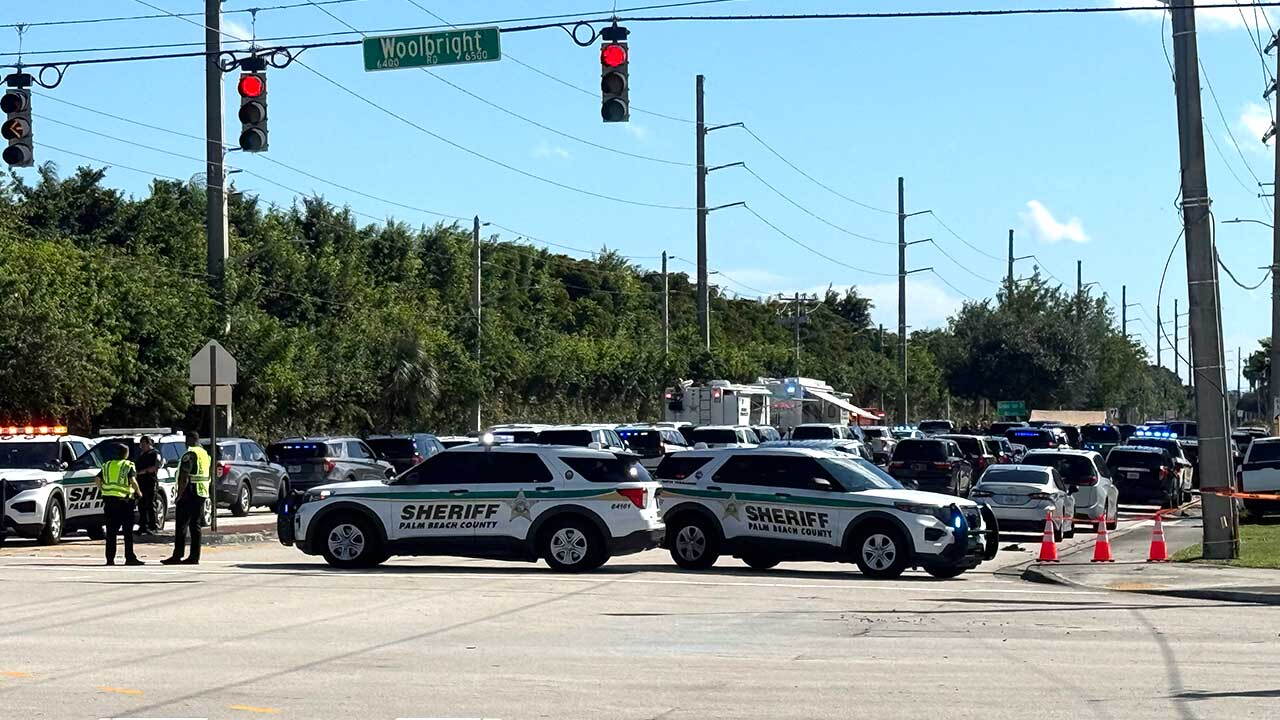 Jog Road is closed in both directions between Woolbright Road and Grand Isle Drive in Palm Beach County on Oct. 13, 2026.