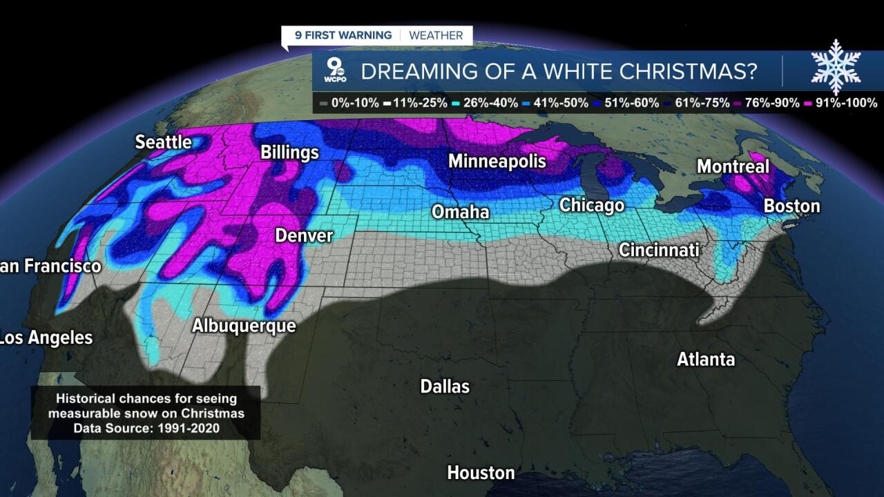 Probabilities of seeing a White Christmas in the United States