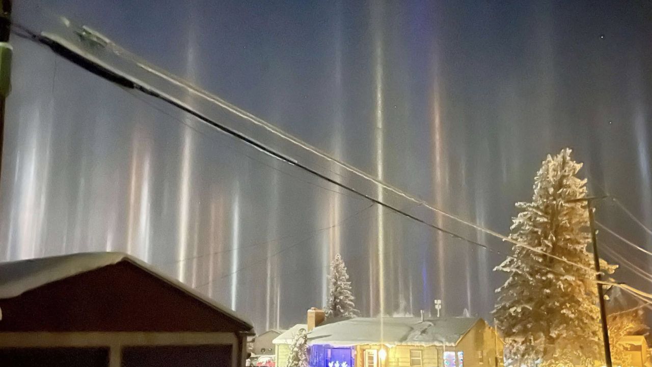 Light pillars on Saturday, January 4, 2025, in Cut Bank