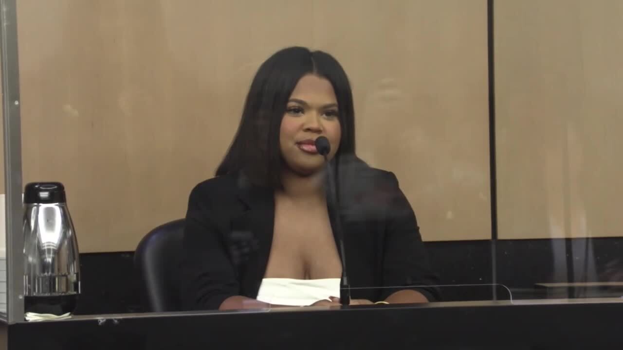 Dominique Jones, ex-girlfriend of Travis Rudolph, on witness stand during murder trial, May 25, 2023