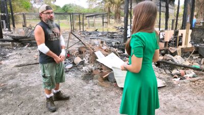 Ted Pankiewicz, the owner of For The Love Of Paws Pet Sanctuary in Fellsmere, Florida, talks to WPTV reporter Samantha Gutierrez after the facility was destroyed by fire on March 9, 2026.