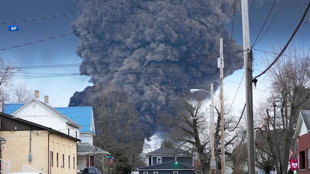 Cloud of smoke over East Palestine following fire after controlled release of chemicals from 5 tankers
