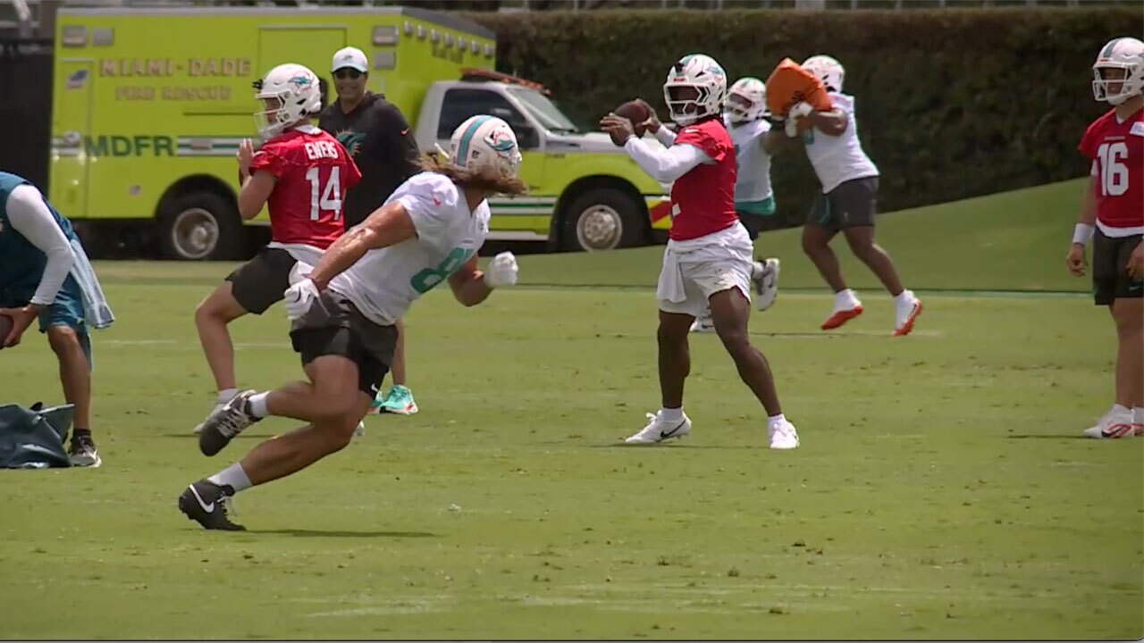 Miami Dolphins quarterback Malik Willis drops back to pass during offseason workouts in Miami Gardens, Florida. 