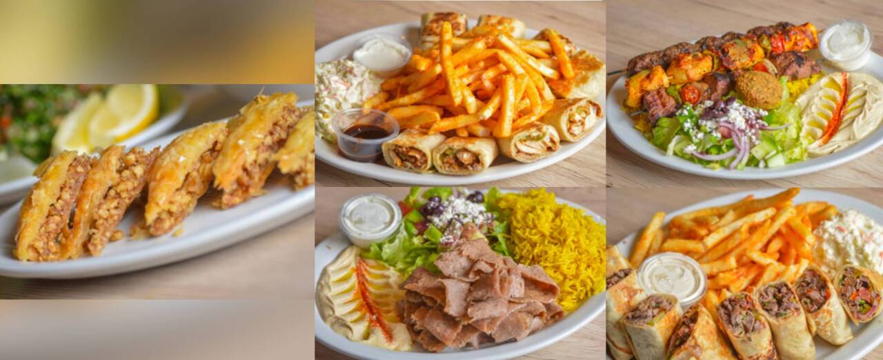 Left: Baklava- Top right: Al Sham Chicken Combo, Green Corner Combo- Bottom left: Gyro Plate,
