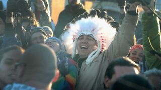 Native American and other Dakota Access Pipeline protesters celebrate