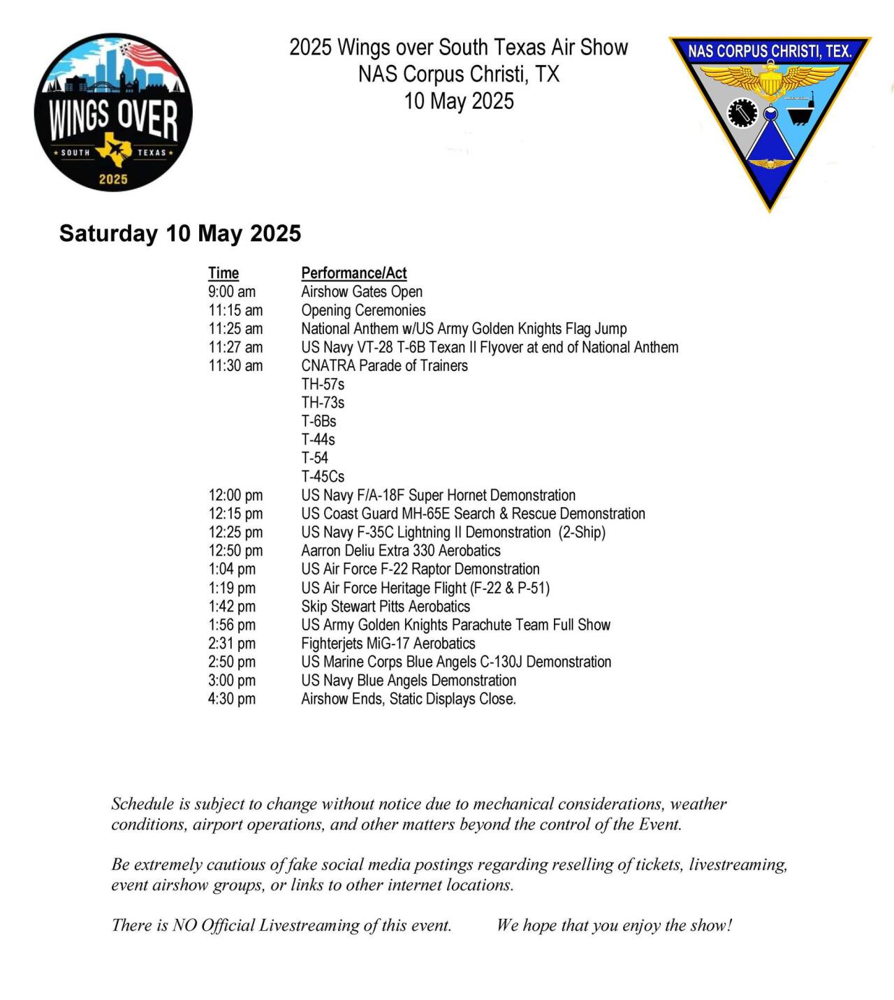 2025 Wings Over South Texas Air Show schedule