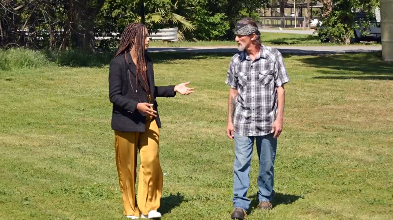 Neighborhood News Reporter Dominique Lavigne interviewing Michael Marth about the struggles of trying to get his service dogs back to California