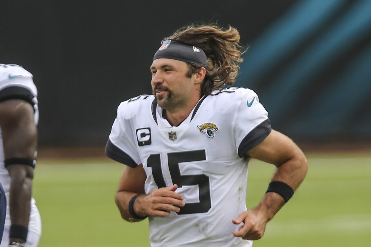Jacksonville Jaguars QB Gardner Minshew runs to greet players after beating Indianapolis Colts in 2020 season opener