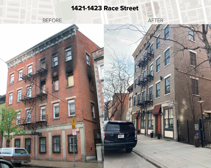 The transformation of the buildings on Race Street by 3CDC in Over-the-Rhine.