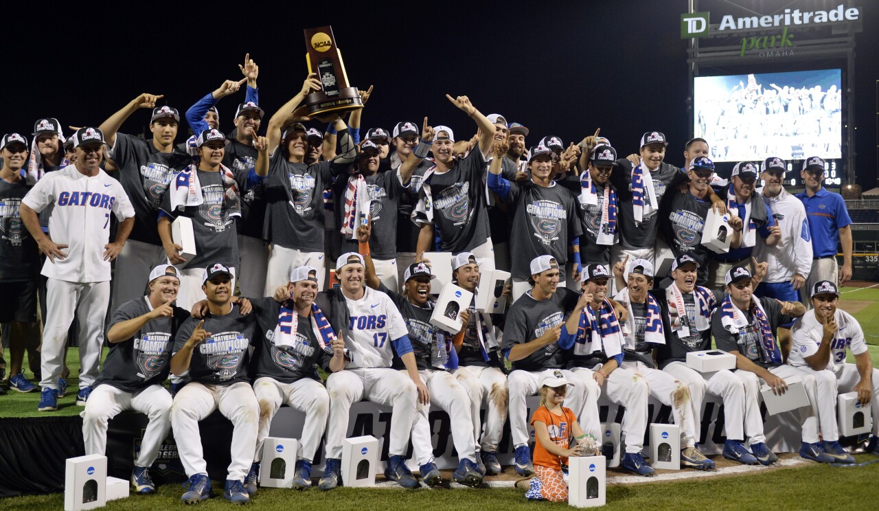 Florida Gators celebrate with national championship trophy after winning 2017 College World Series