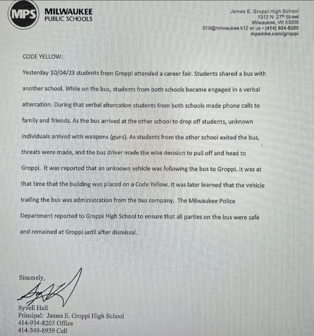 Letter from Groppi HS Principal