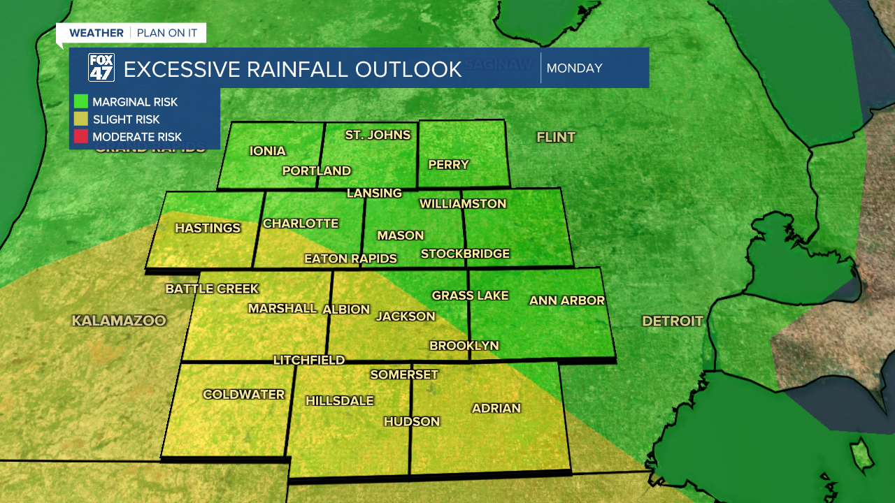 Slight risk of excessive rainfall across portions of Mid-Michigan Monday as we continue to track showers and storms