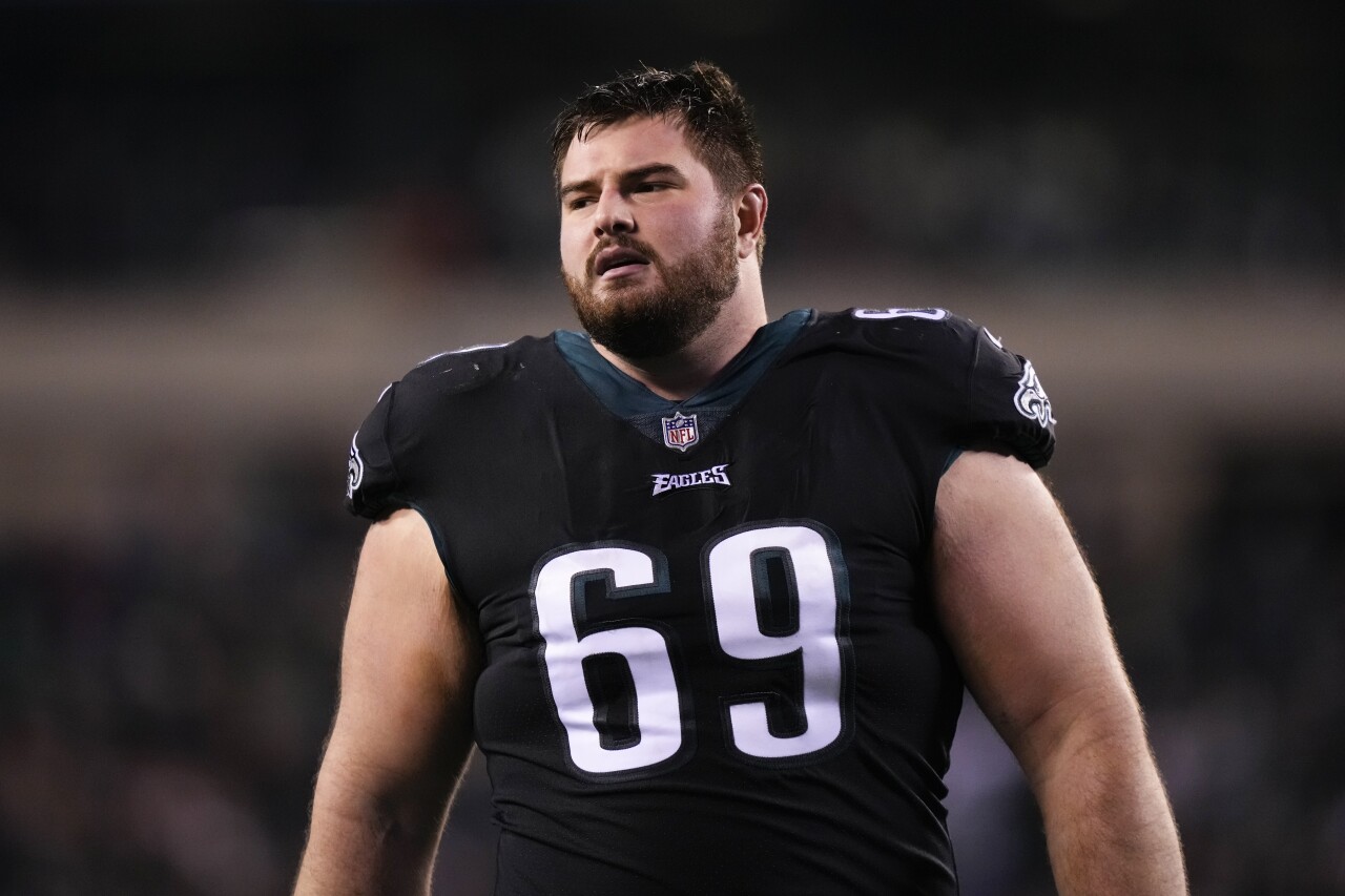 Philadelphia Eagles offensive guard Landon Dickerson at halftime vs. New York Giants, Jan. 8, 2023
