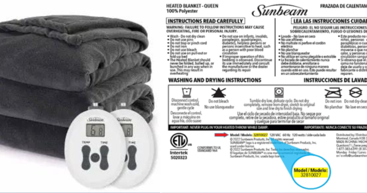 Sunbeam heated blanket recalled due to fire and burn hazards