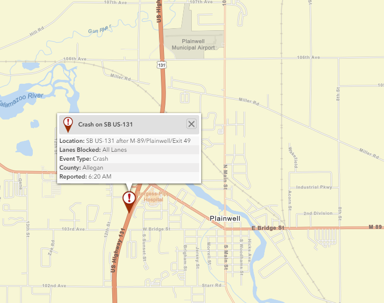 MDOT - Map indicating crash on SB 131 south of M89 Plainwell Exit 49.png