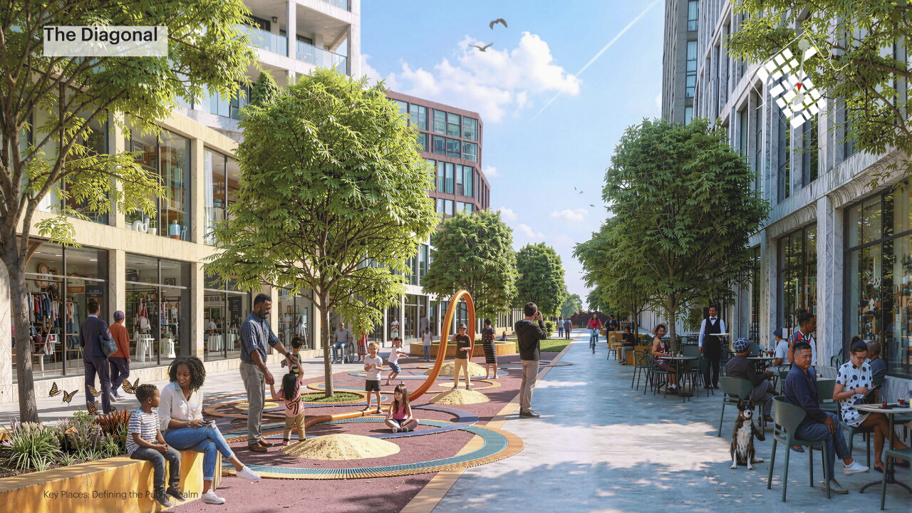 A rendering shows a long pedestrian corridor cutting across the downtown lakefront.