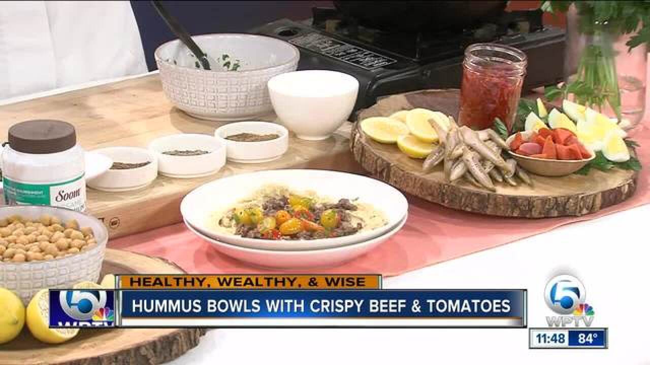 Hummus bowls with crispy beef and tomatoes