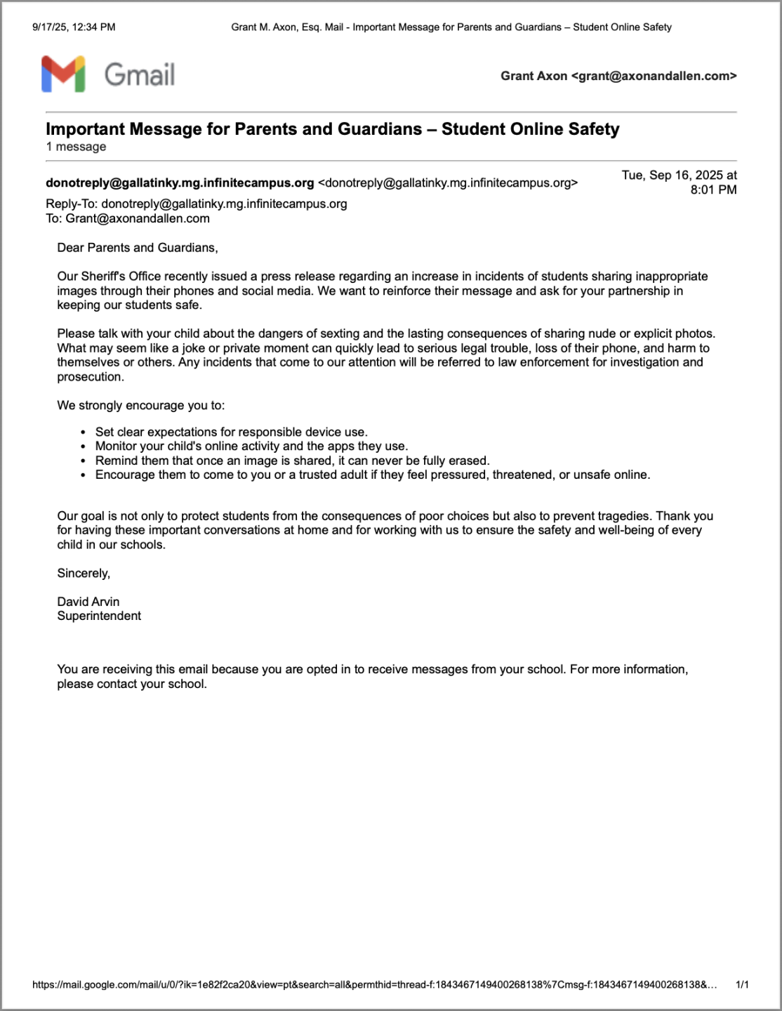 Message from Gallatin County Superintendent