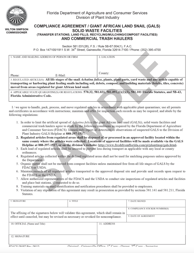 Compliance agreement for Giant African Land Snail