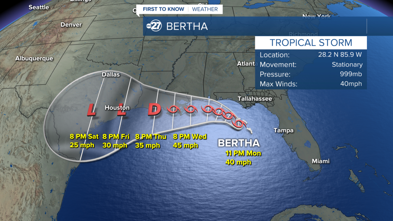 Tropical Storm Bertha Path 7-20-2026 11 p.m. 