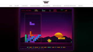 A screenshot of the 'Build the Wall' game featured on The White House's arcade website. A pixelated sunset is in the background while Tetrominos fall in a box on the left-hand side of the screen. Enemies approach the column from the right side of the screen.