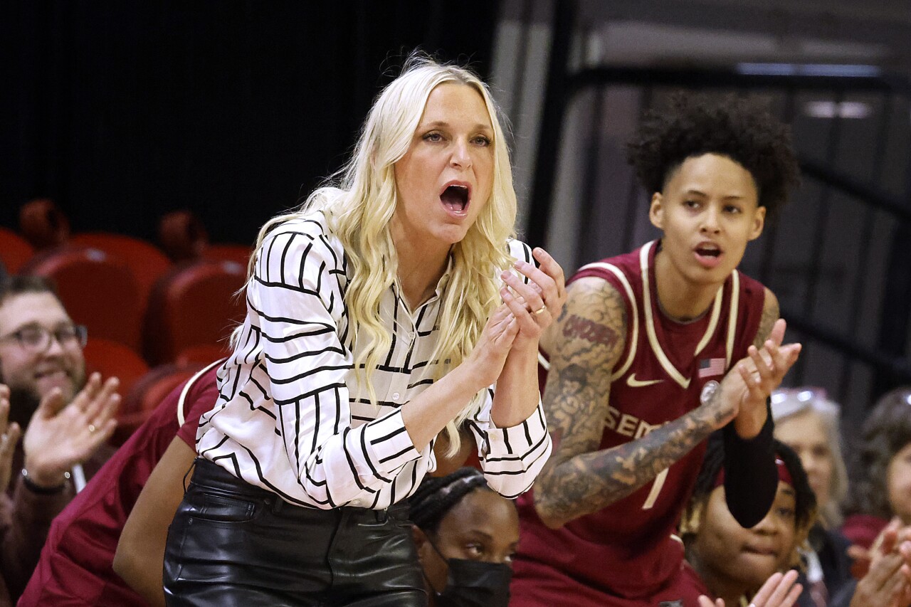 Florida State Seminoles women's basketball coach Brooke Wyckoff claps for team, Jan. 4, 2024