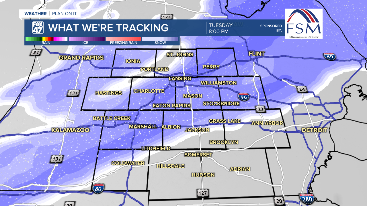 Snowfall arrives later Tuesday evening with slick spots on roads and limited visibility possible