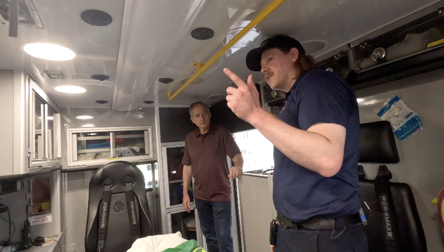 Bright Fire Department and EMS paramedic Jason King shows I-Team reporter Craig Cheatham the inside of a Bright ambulance