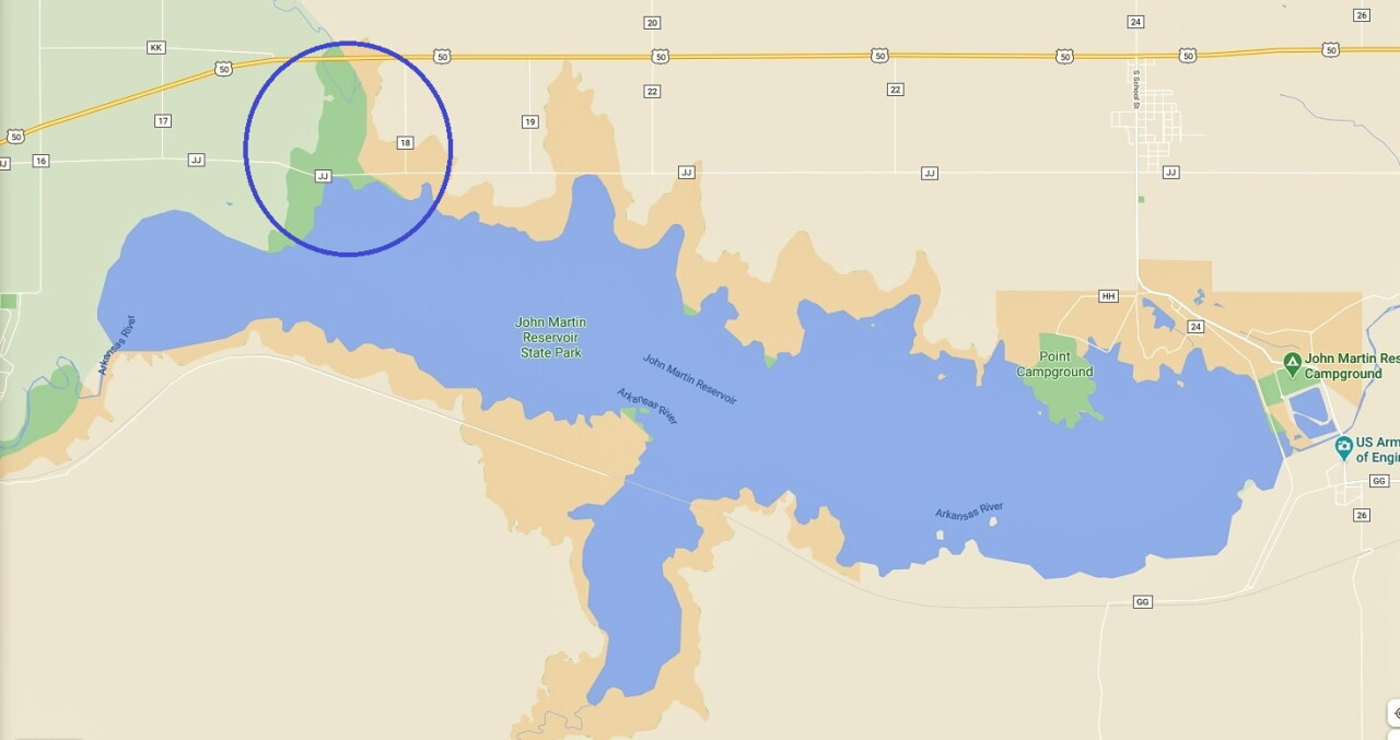 Location of March 30 2021 fire in John Martin Reservoir State Wildlife Area
