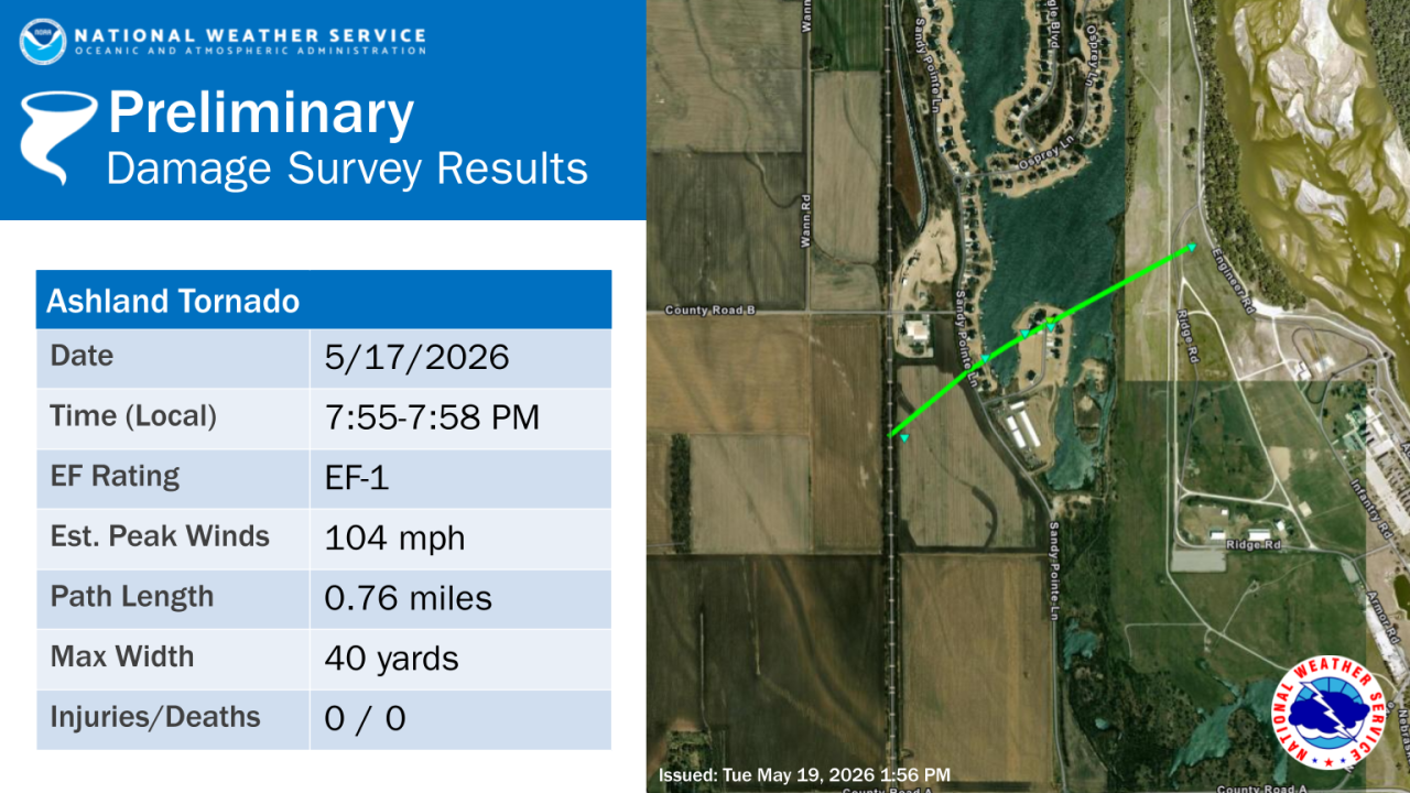 Ashland, NE tornado track on May 17, 2026
