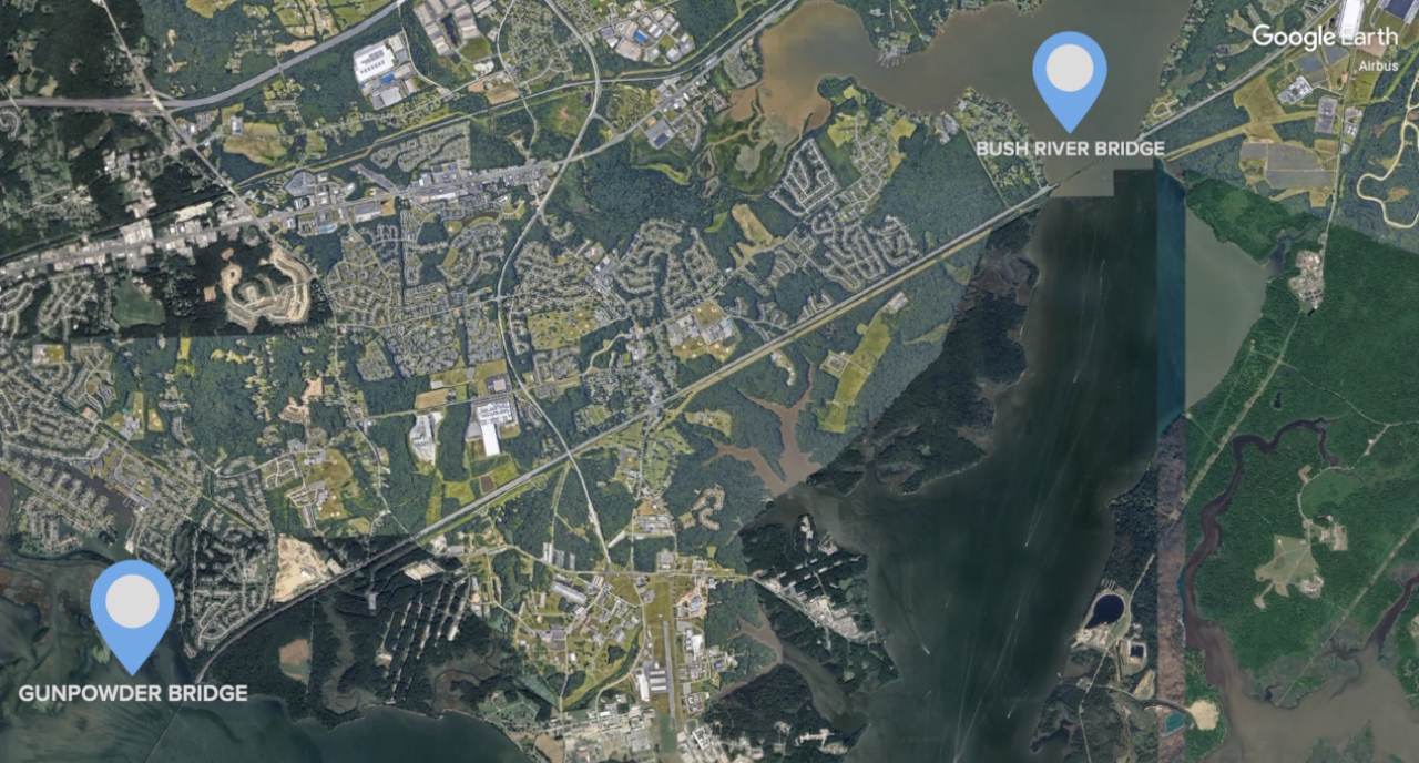 Gunpowder and Bush River bridges on a map