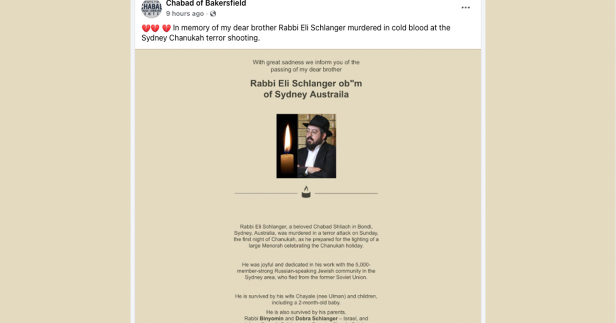 Bakersfield rabbi's brother killed in Australia attack per social media post