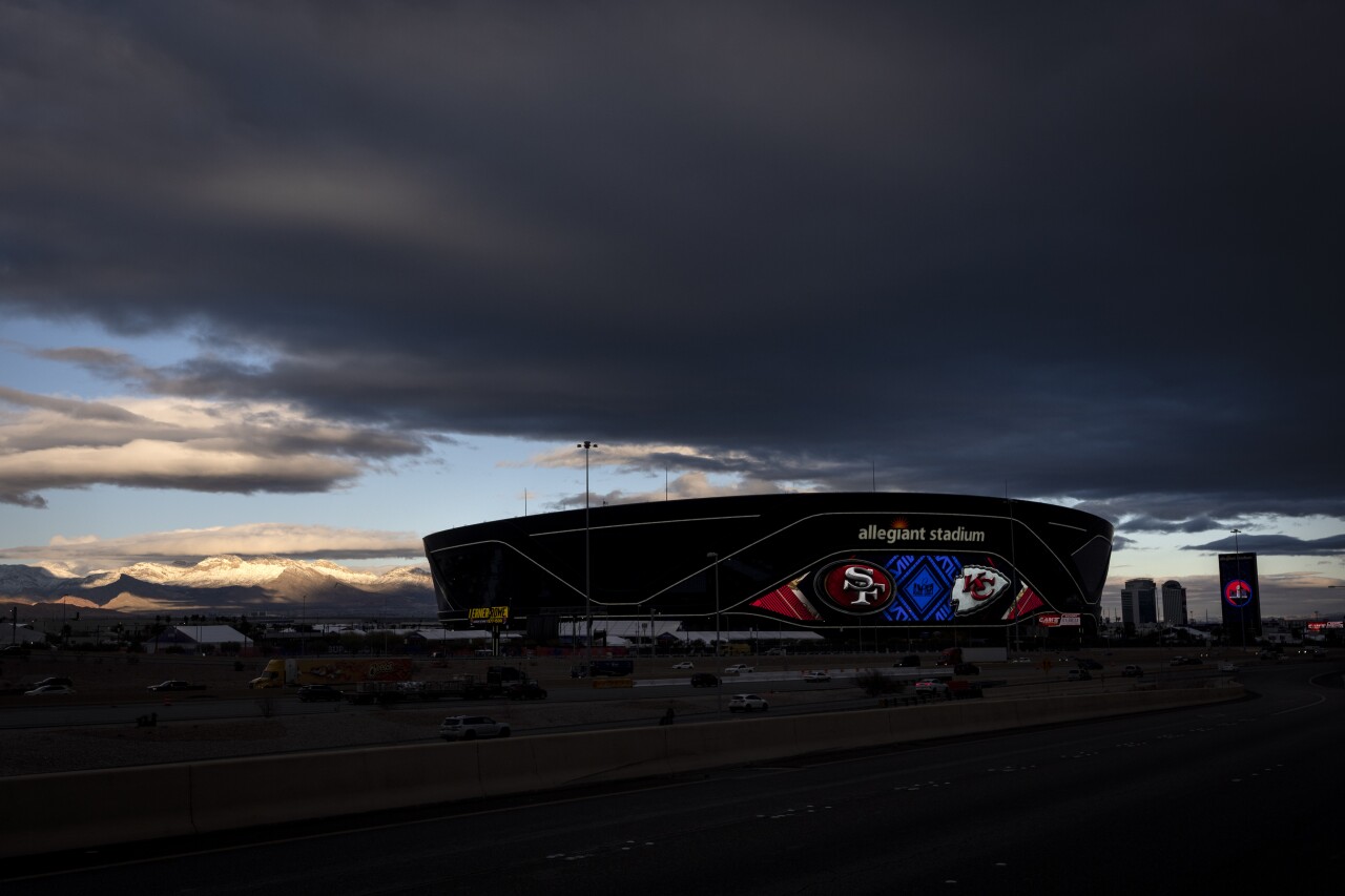 Exterior view of Allegiant Stadium on eve of Super Bowl LVIII, Feb. 10, 2024